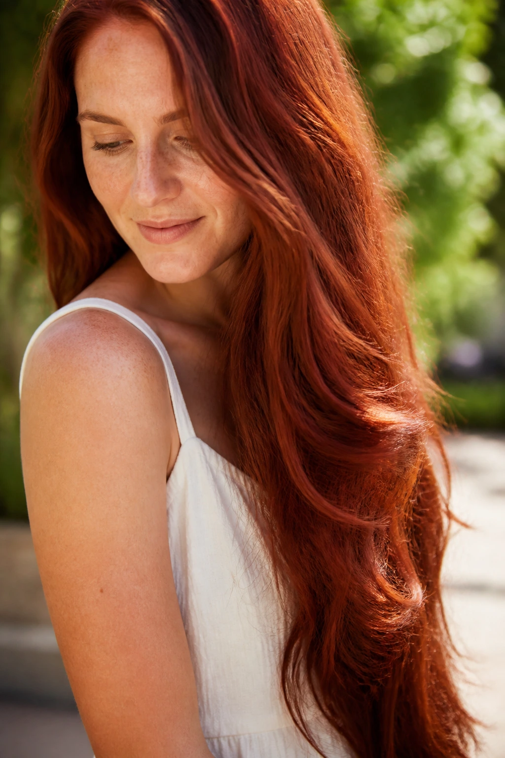 Portrait of woman with ultra-long red hair outdoors