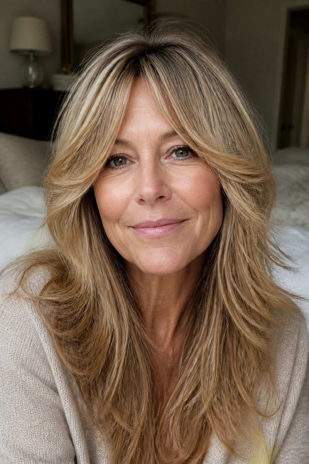 Close-up portrait of a real woman with long retro shag and curtain fringe