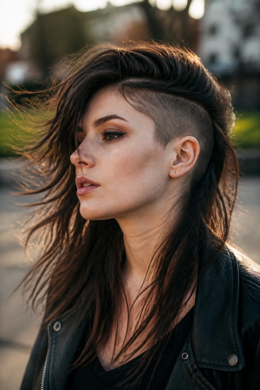 Close-up of a real person with long rocker layers and shaved temples in warm light.