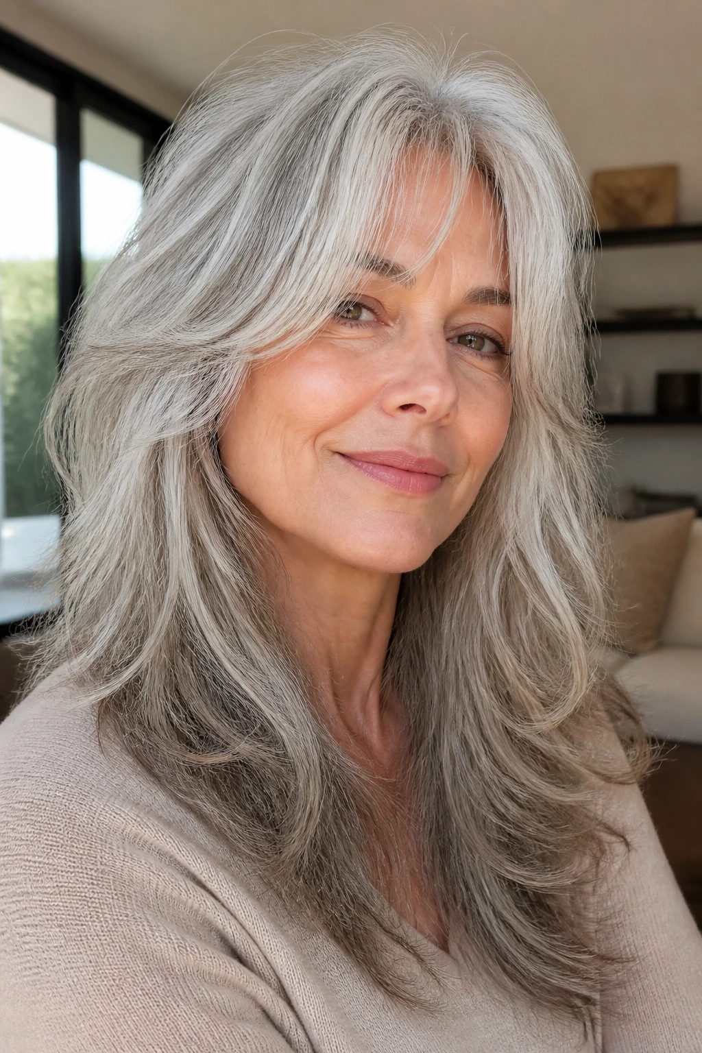 Close-up portrait of a real woman with long shag hairstyle and soft layers