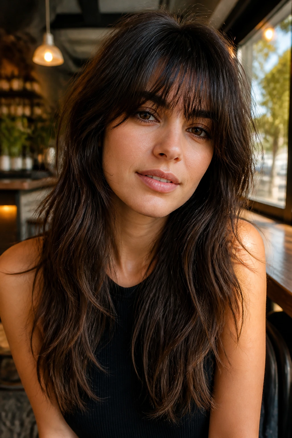 Portrait of a person with long shag layers and piecey dense bangs