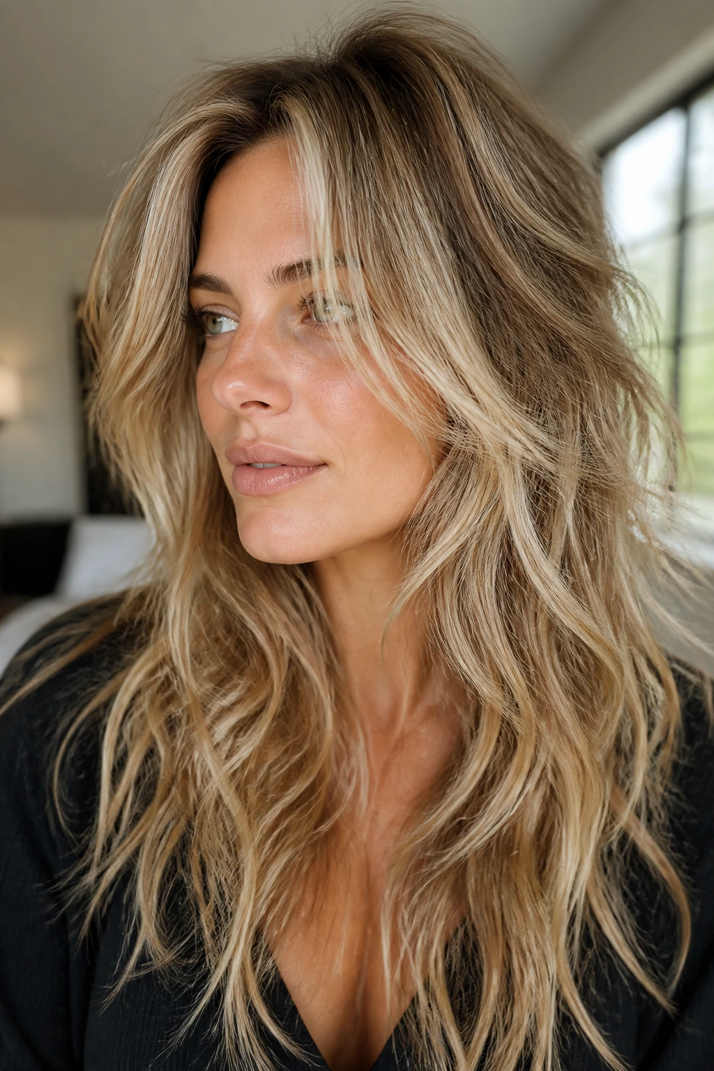 Close-up of real woman with long shag and lived-in blonde highlights