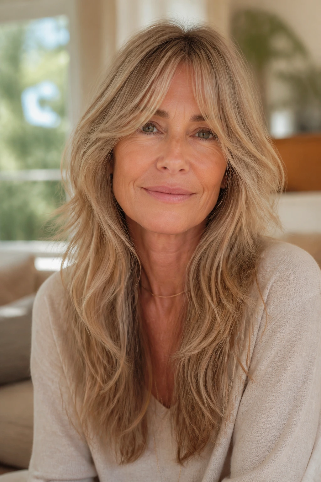 Portrait of a real woman with long shag and cheekbone layers in a sunlit living room