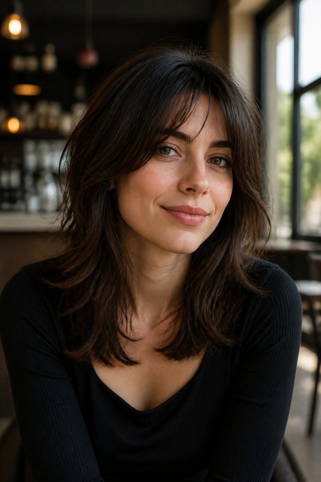 Portrait of a real person with long shag and collarbone-length layers.