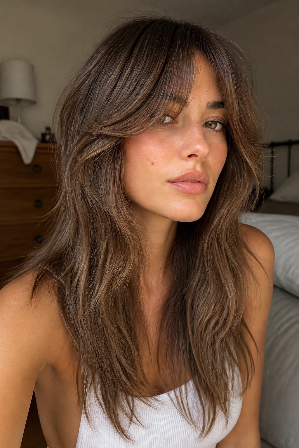 Close-up portrait of a real woman with long shag and piecey curtain bangs grazing the cheekbones.