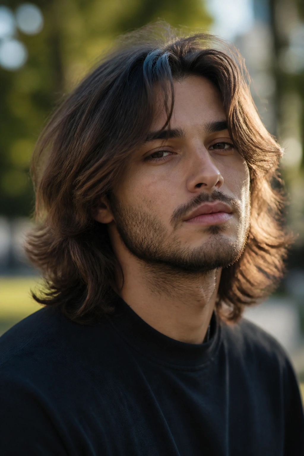 Close-up of a man with long shag and curtain fringe in natural light