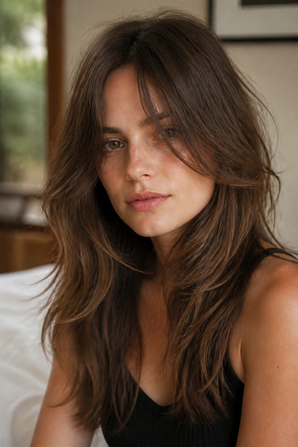 Close-up portrait of a real person with long shag curtain fringe