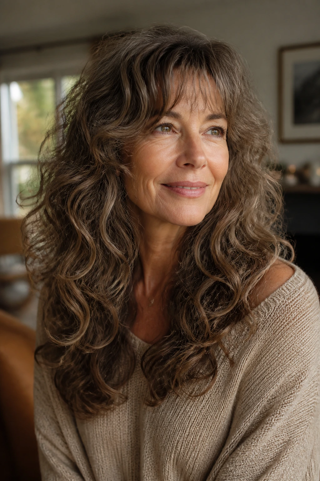 Close-up of real woman with long-length shag maintaining end fullness in warm window light