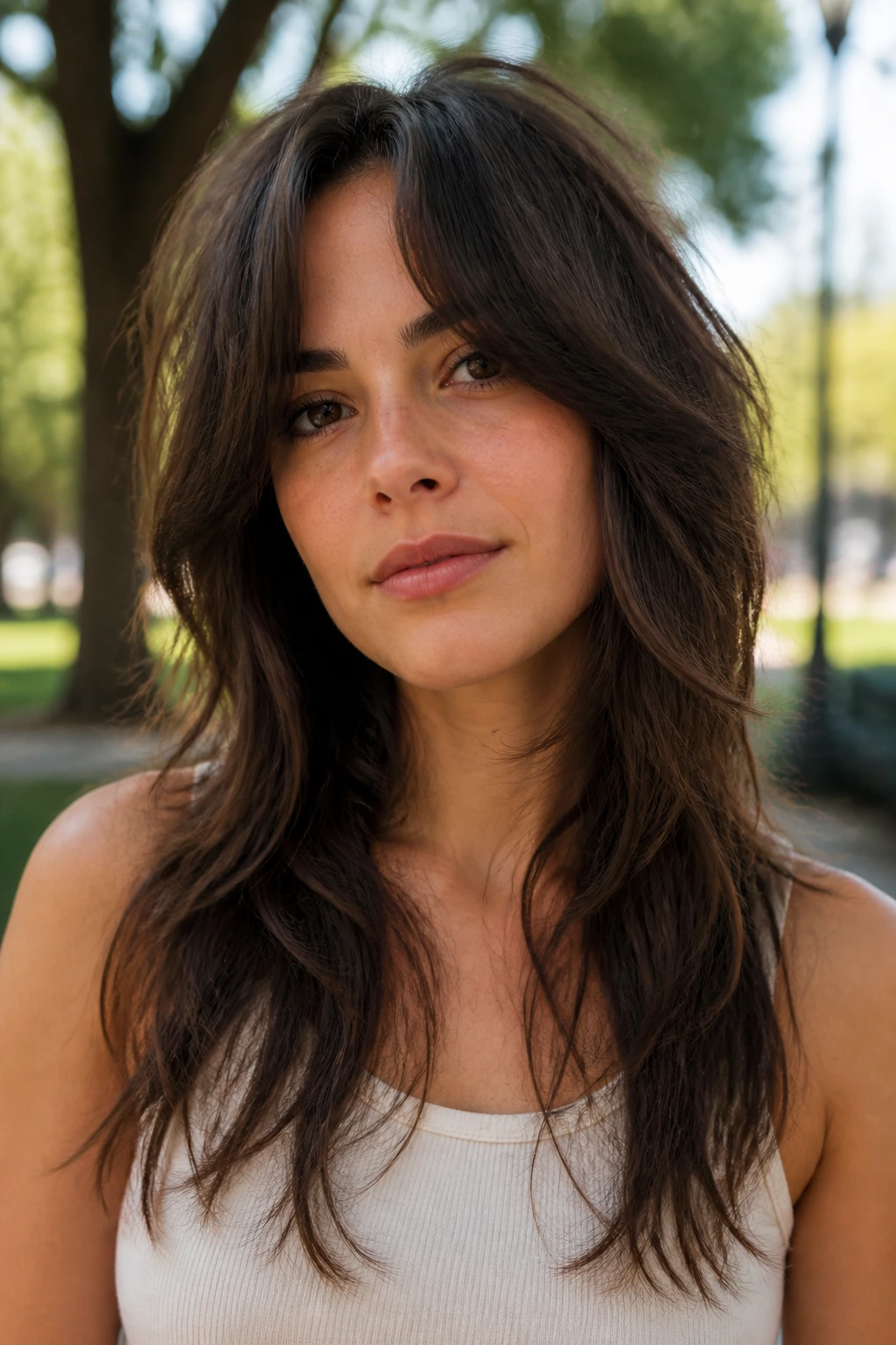 Close-up portrait of woman with long shag and face-frame starting below cheekbones in daylight