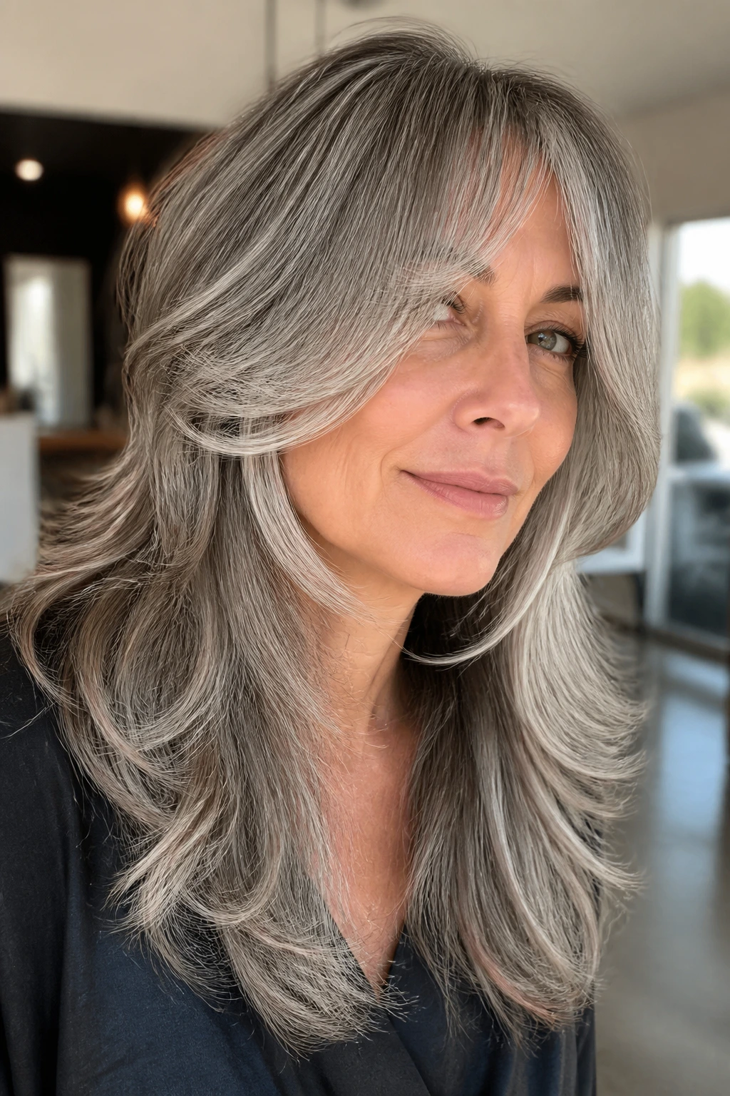 Close-up of a real woman with long shag and face-framing swoops.