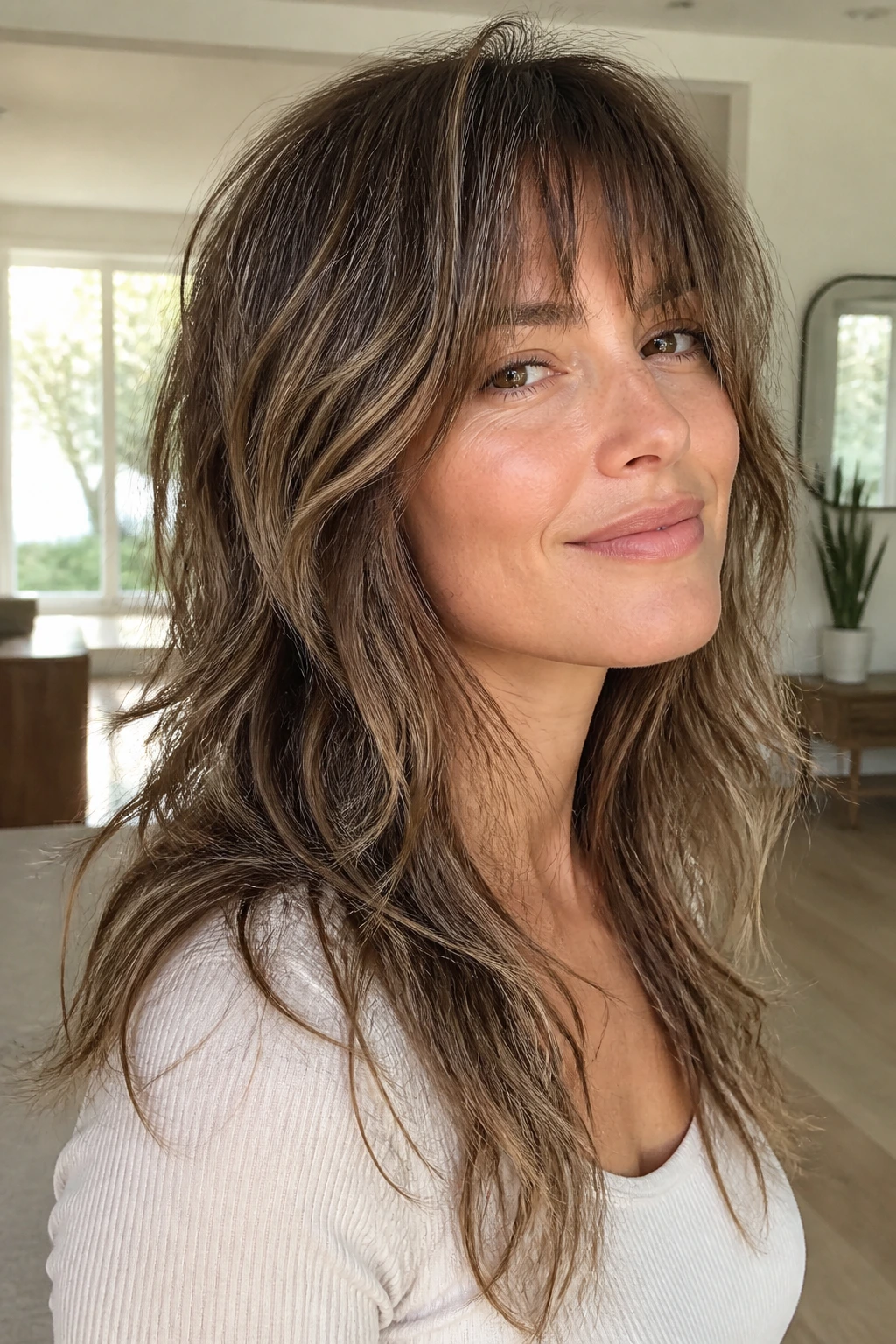 Portrait of a woman with long shag for fine hair and lift around the crown.