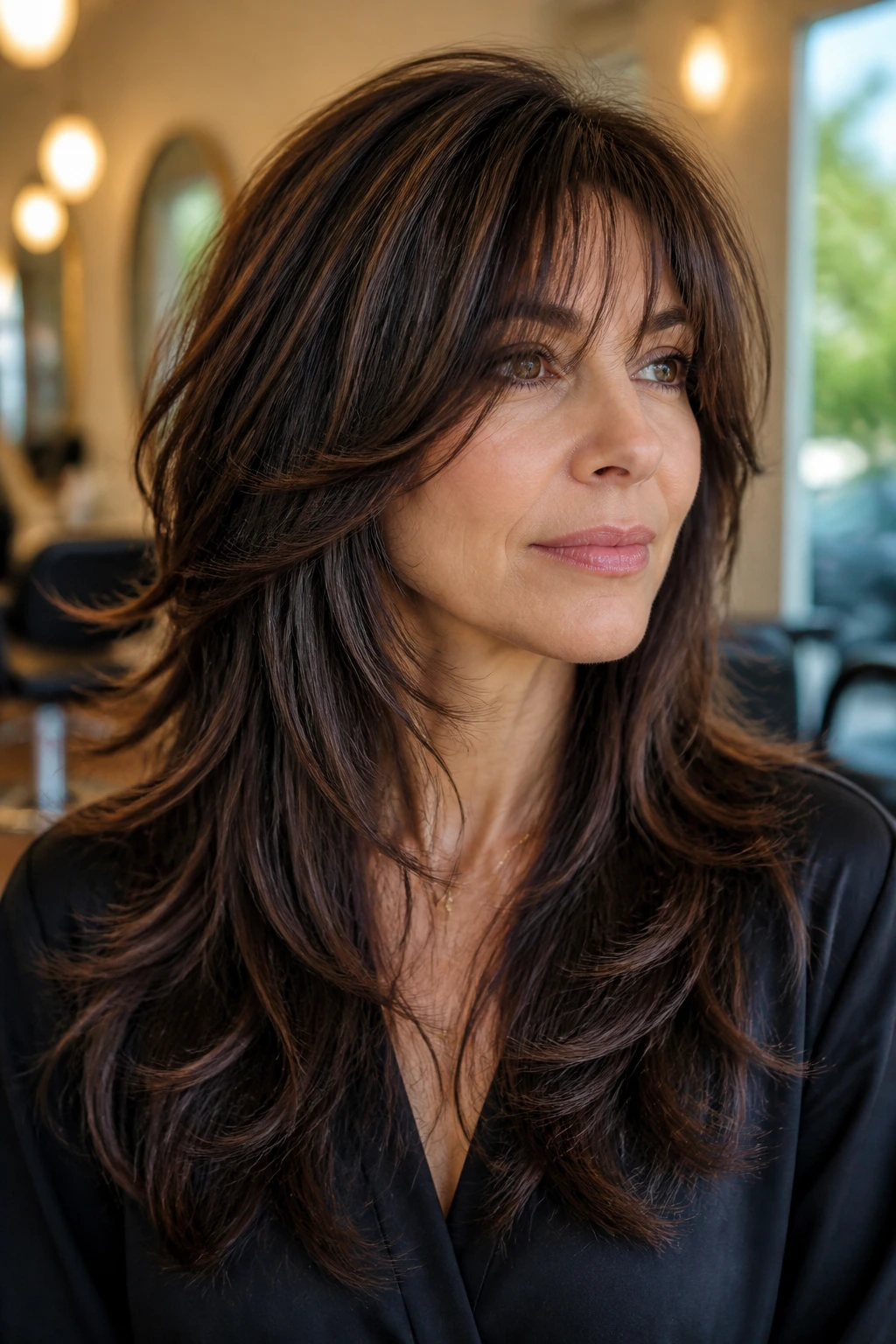 Close-up portrait of a real woman with a long shag hairstyle showing structured layers and face-framing pieces in salon lighting