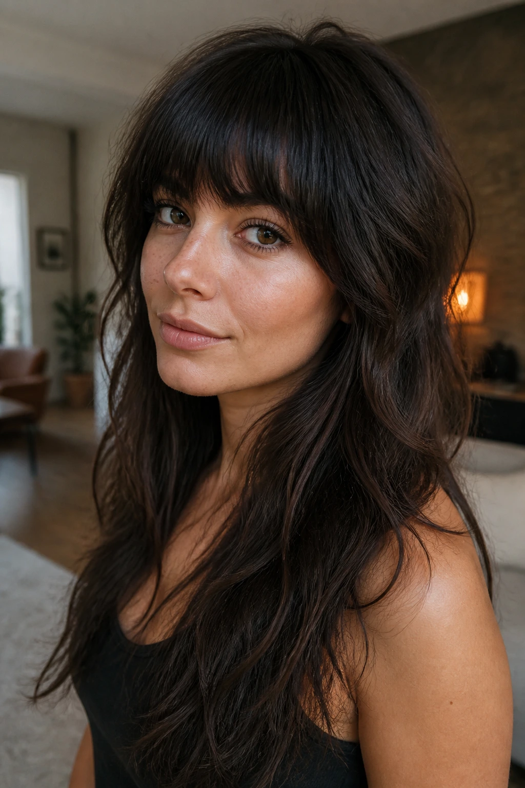 Real woman with long shag layers and rounded fringe in warm window light
