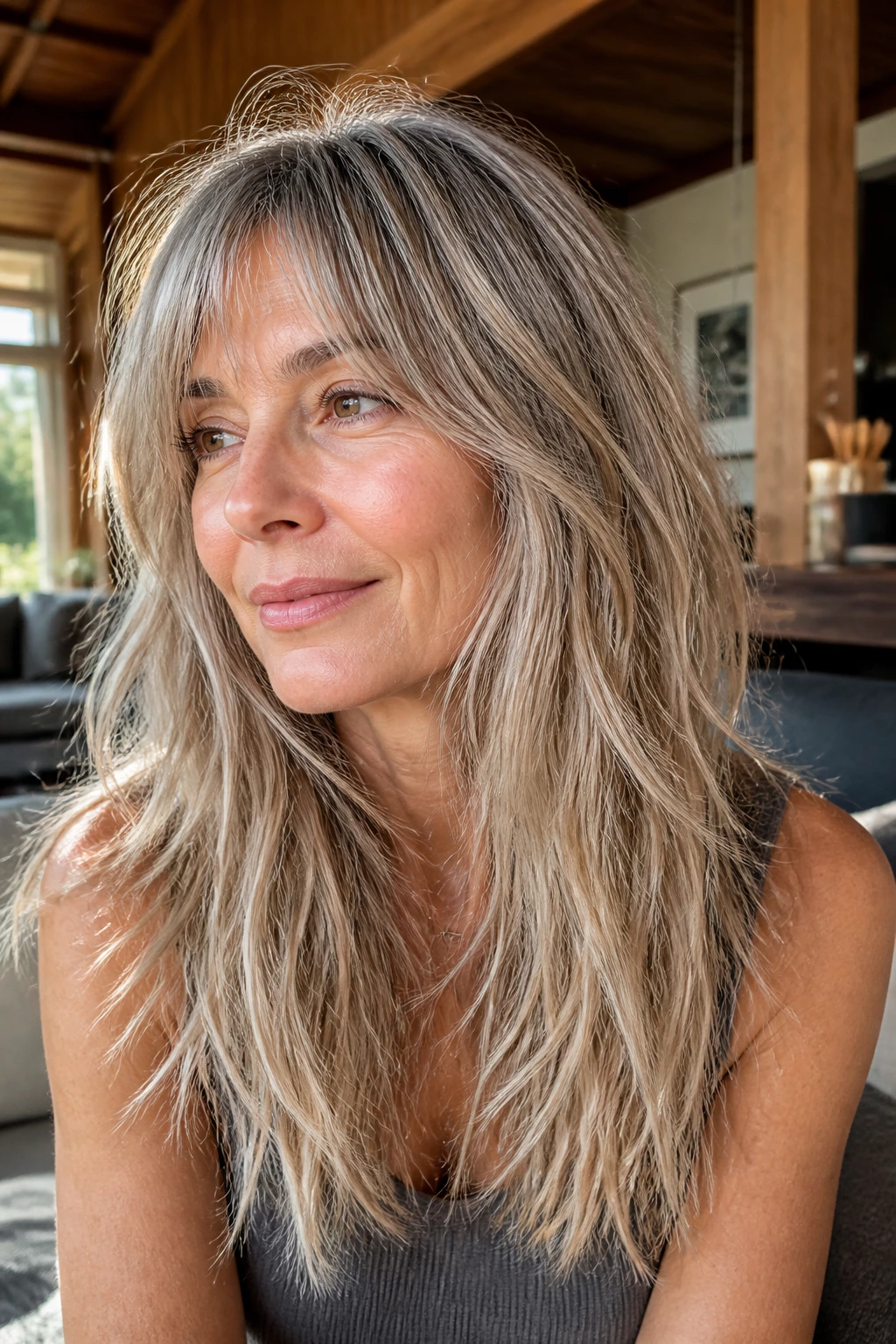Close-up of a real woman with a long shag and piecey ends under warm natural light