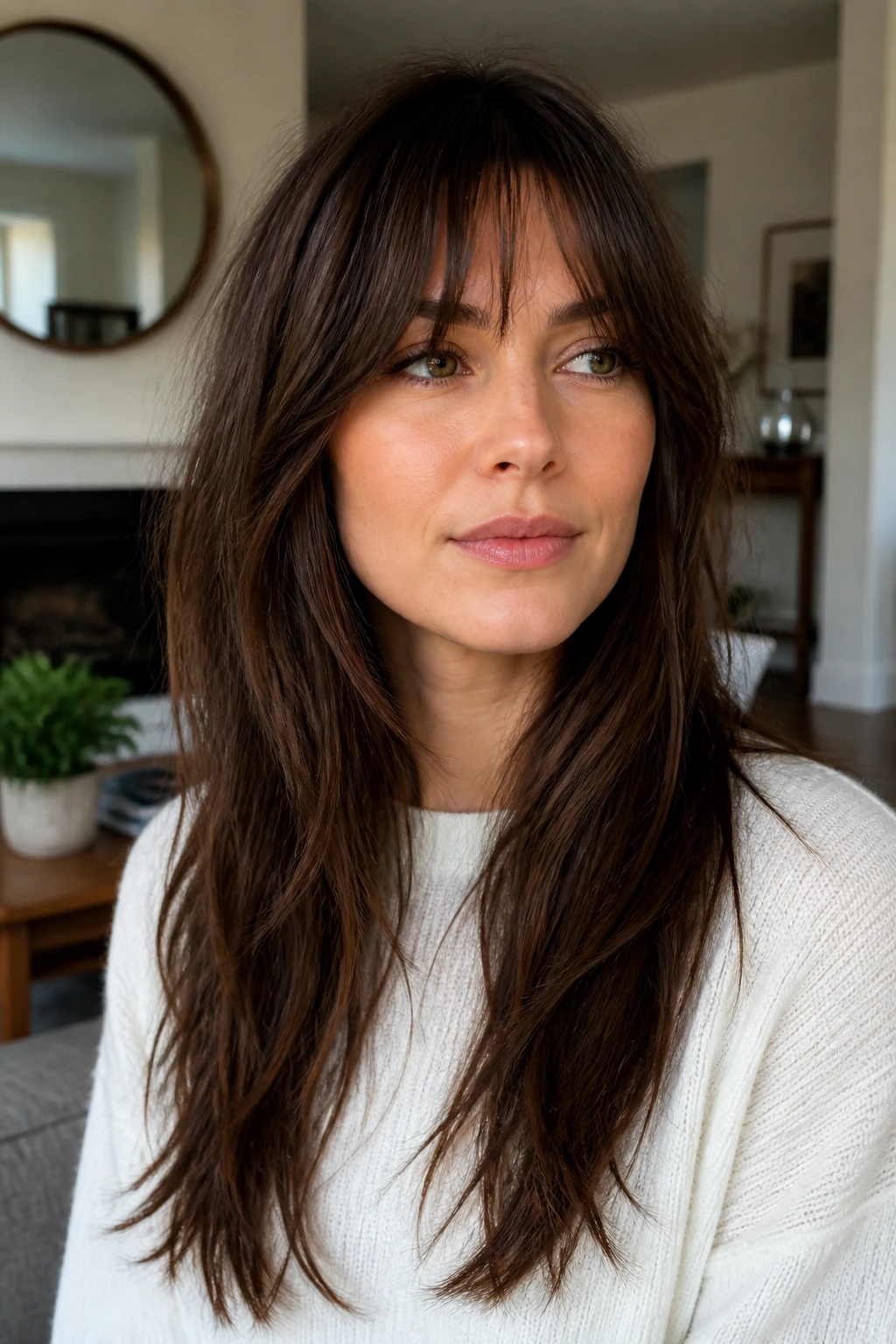 Close-up portrait of a real woman with long shag layers kept long.