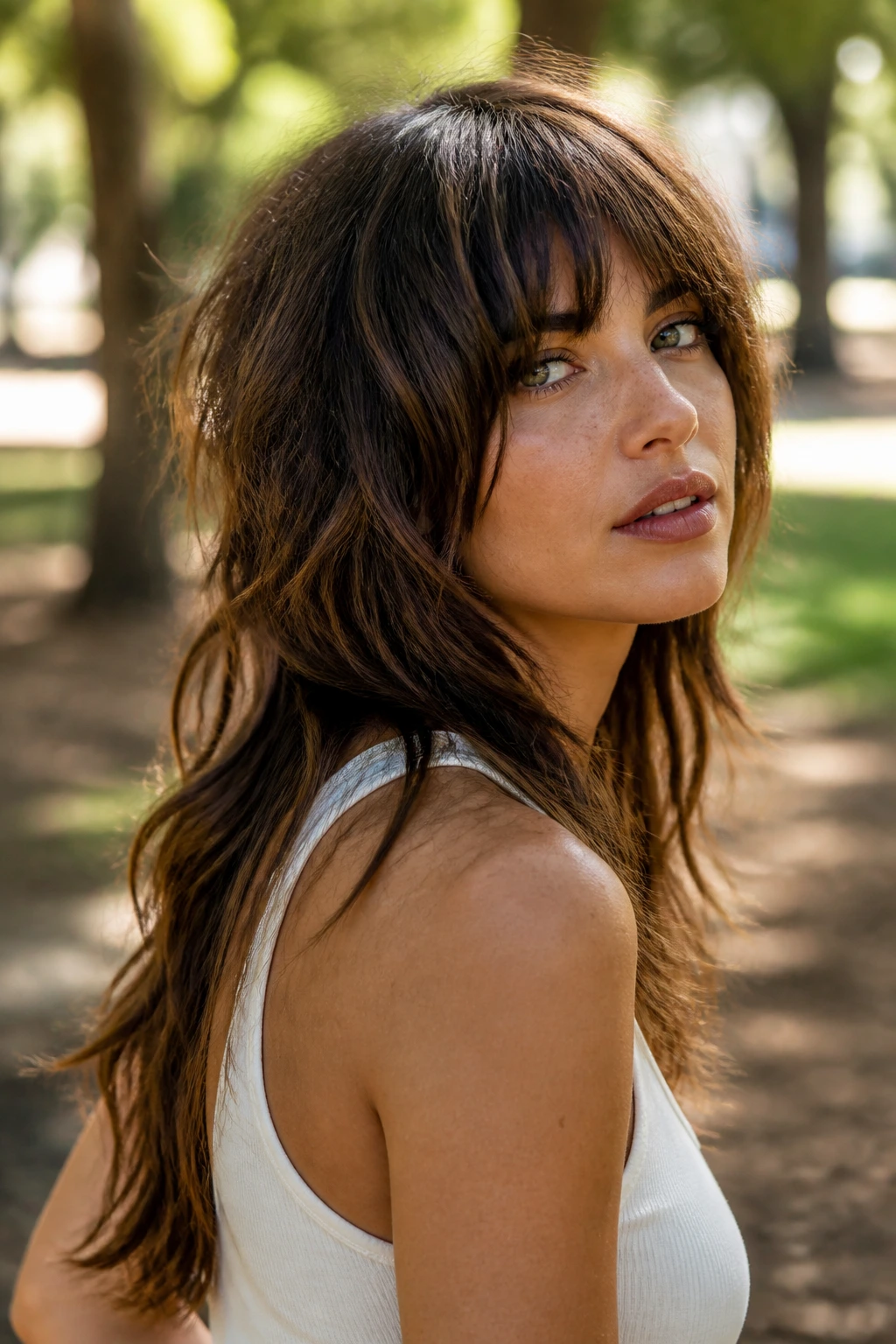 Close-up portrait of a real woman with long shag and back length dropping past shoulders.