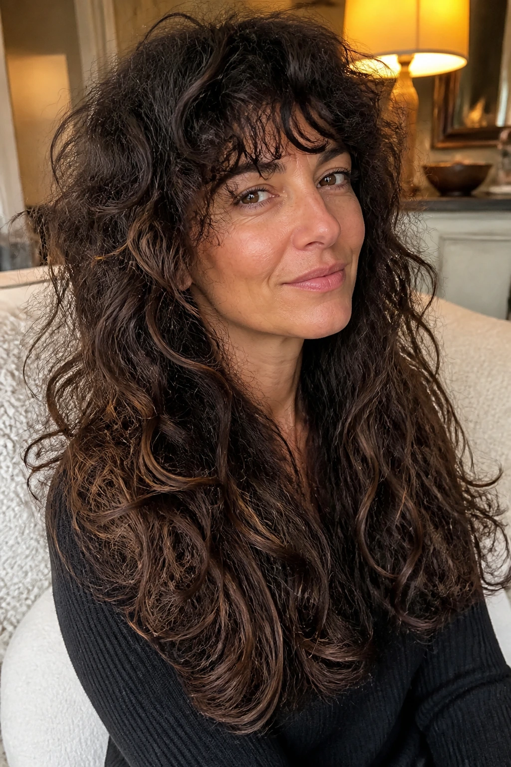Portrait of a real person with long thick-end shag hairstyle