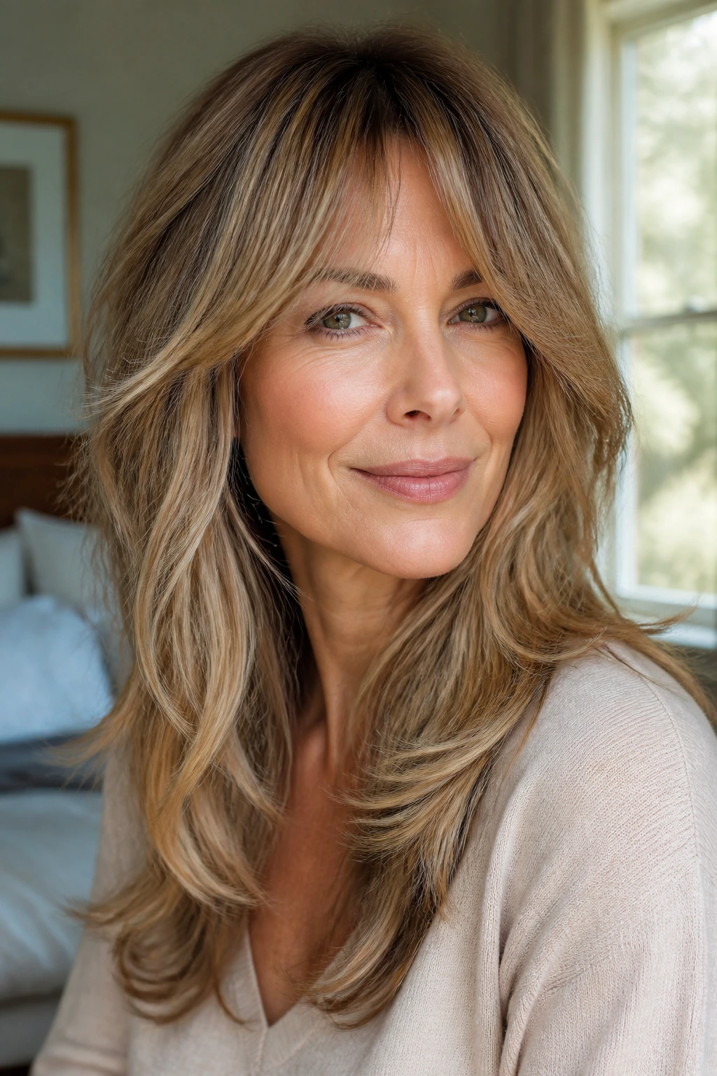 Close-up of a real woman with a long shag haircut showing movement and layered ends
