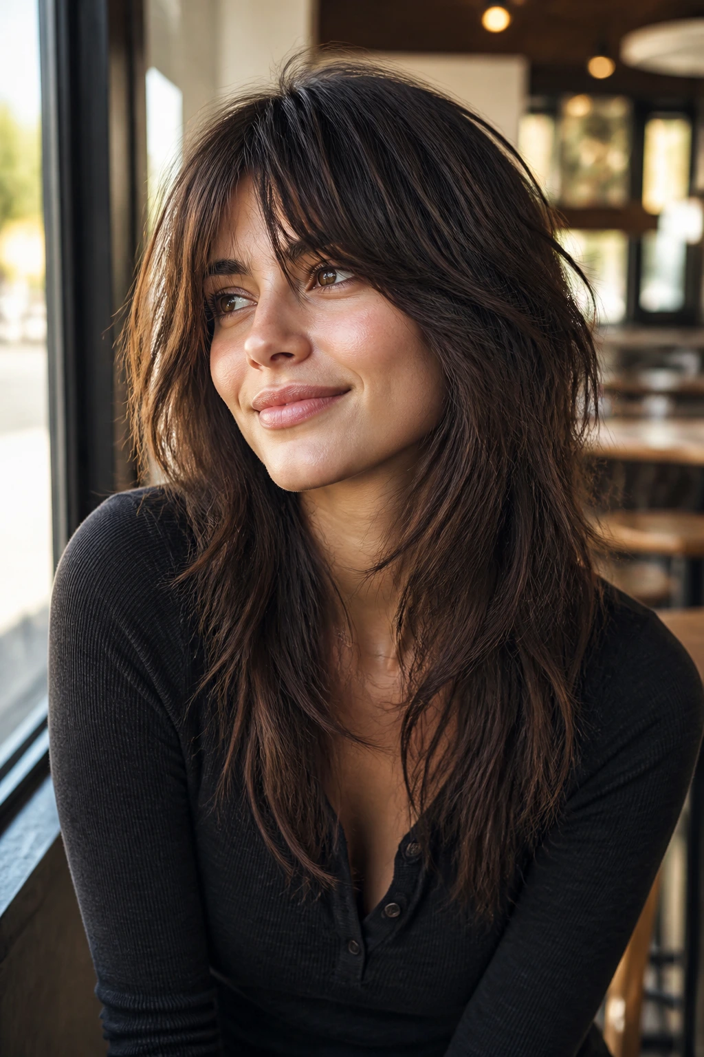 Close-up portrait of a real woman with long shag hairstyle
