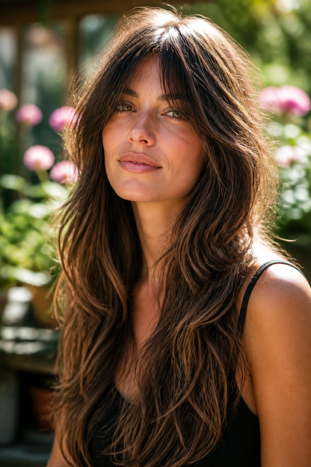 Real woman with long shag showing hidden crown lift in a garden setting