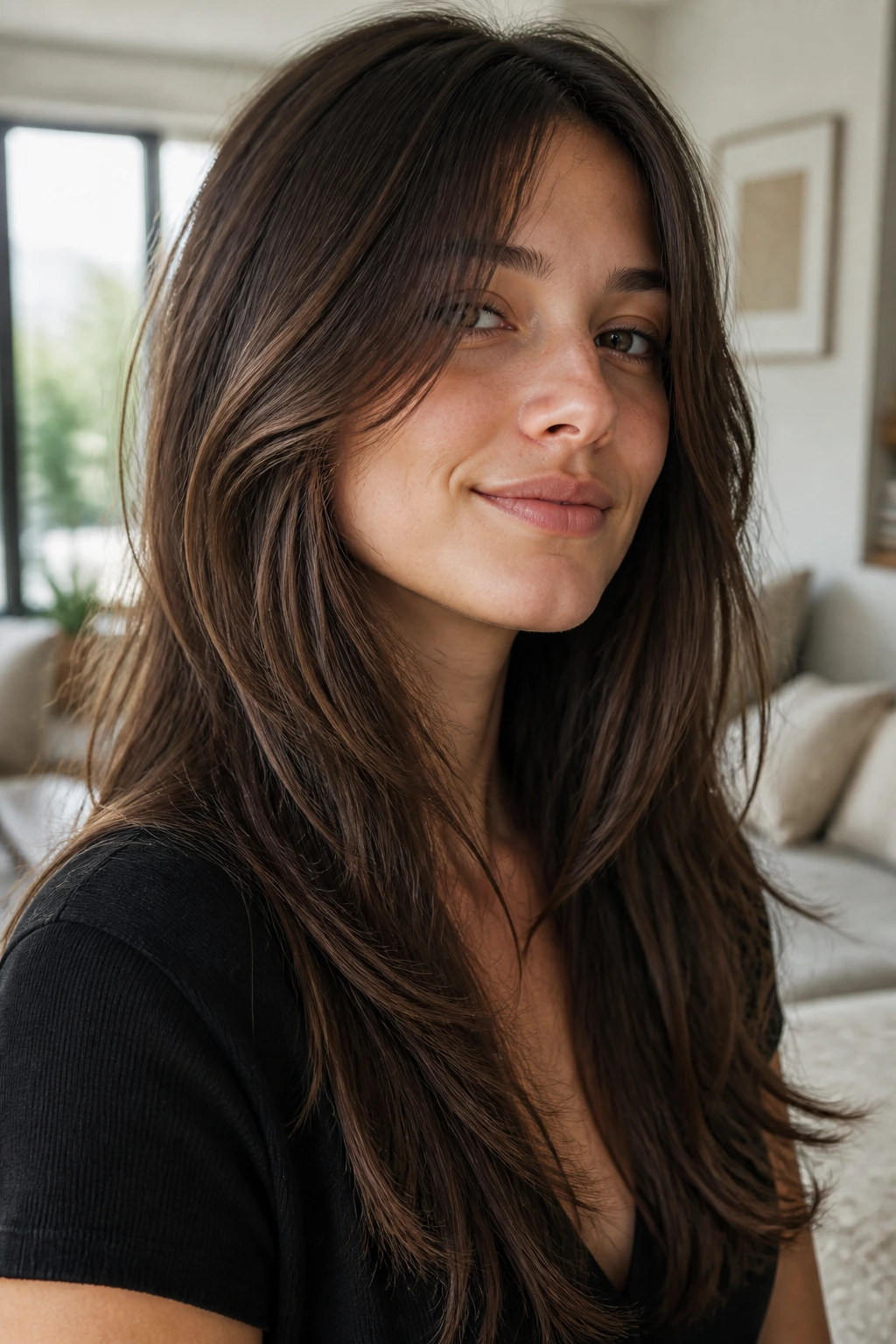 Close-up portrait of a real woman with Long Shag Hidden Layers hairstyle in warm daylight