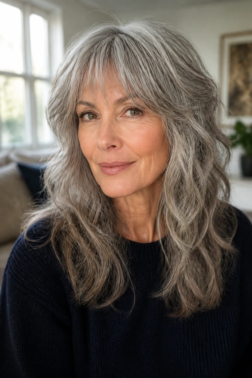 Close-up portrait of an older woman with long shag and hidden layers.