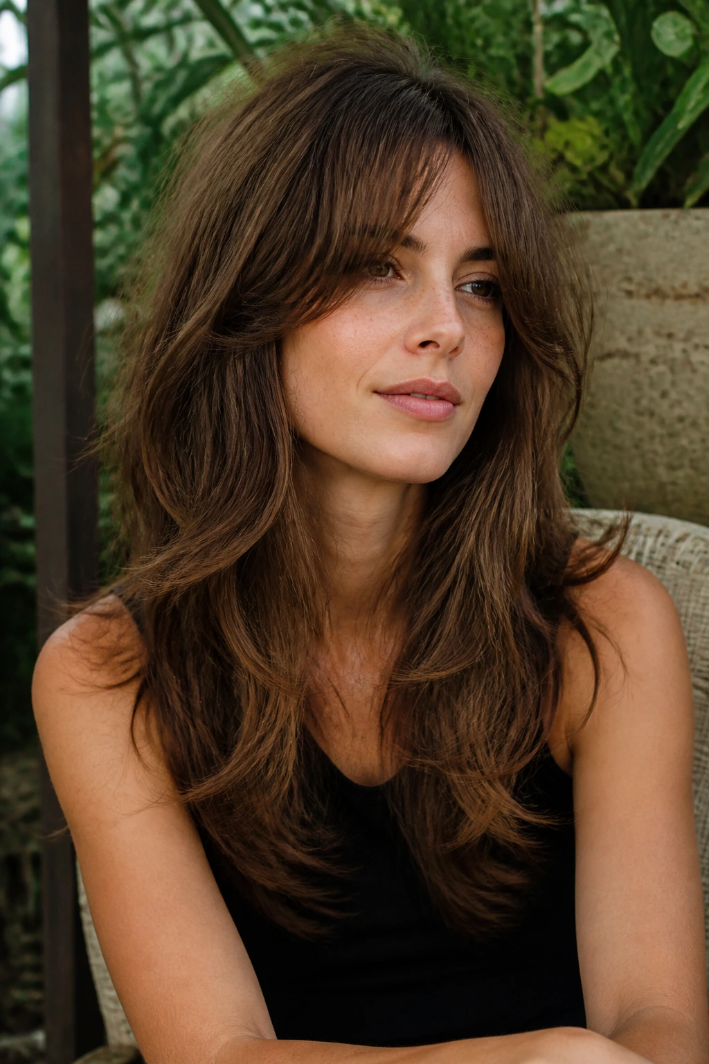 Close-up portrait of a real woman with long shag internal layers in a garden setting