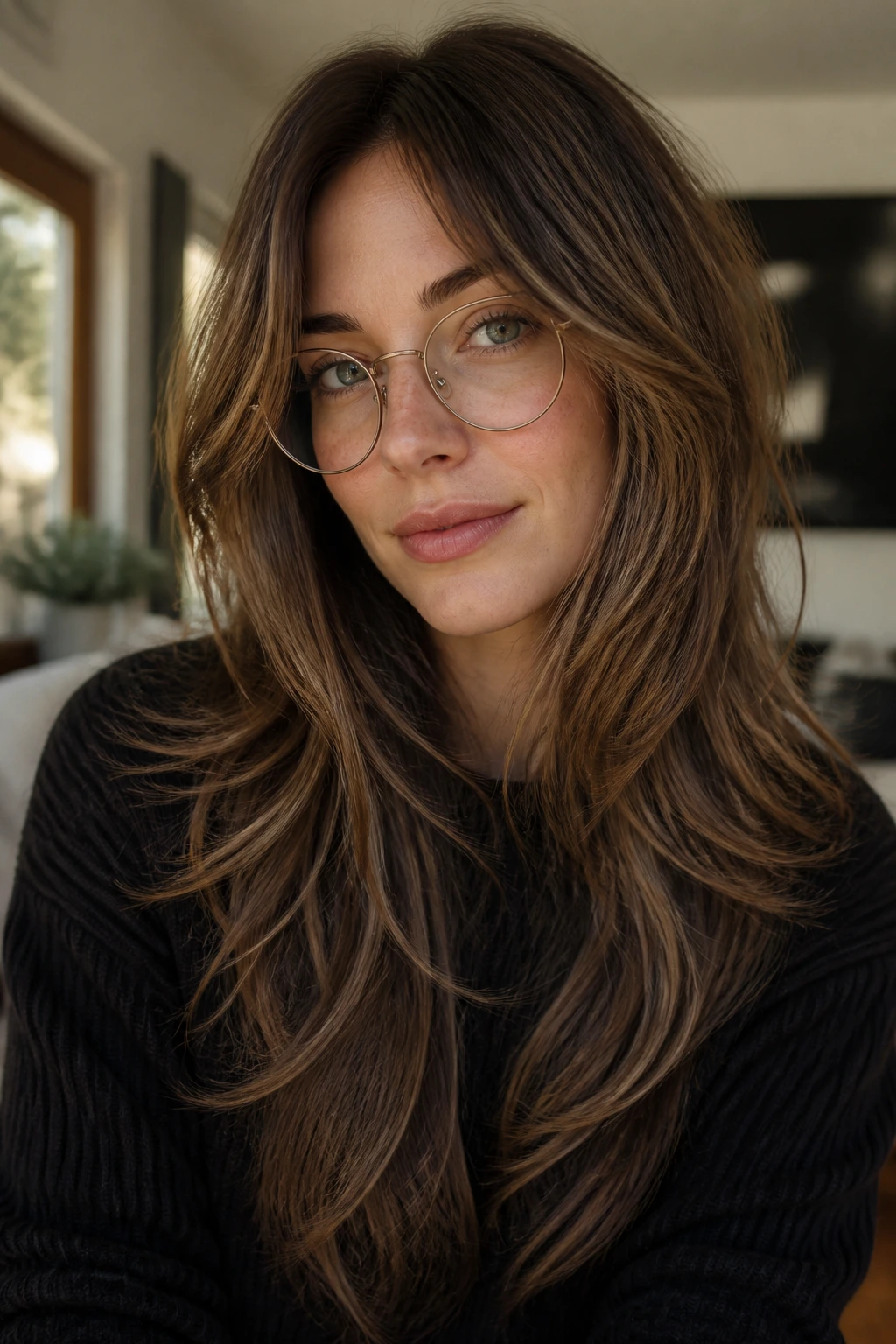 Close-up of a real woman with long invisible-layer shag and soft face-framing curtain