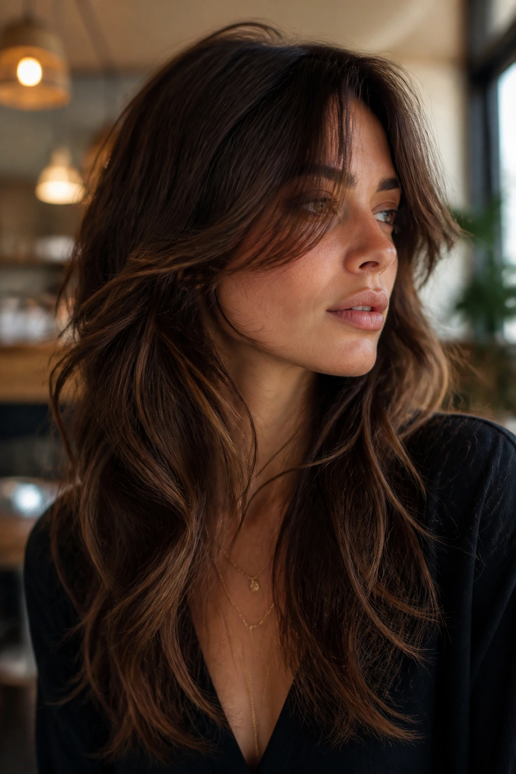 Real person with long shag featuring invisible layers and soft waves