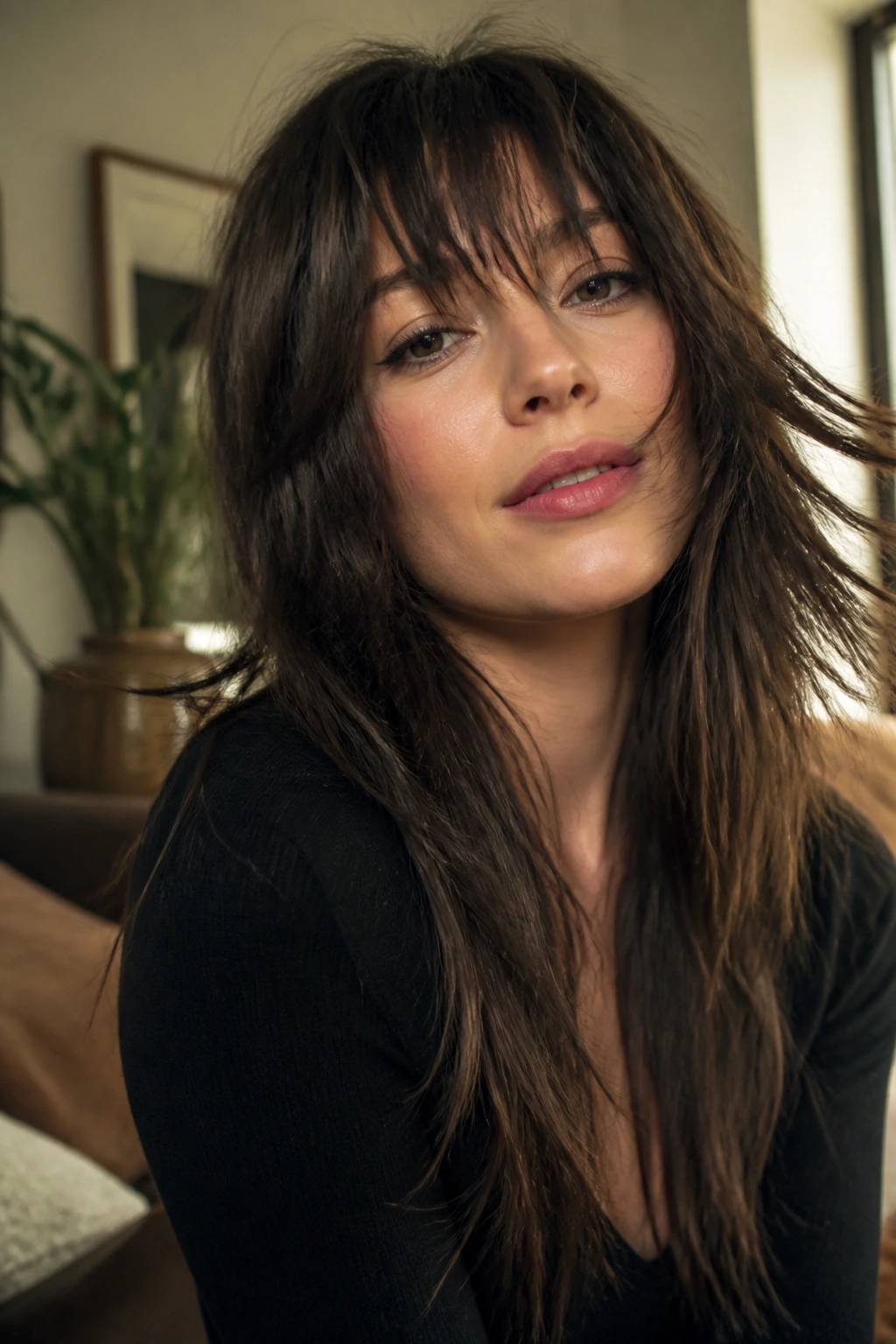 Close-up portrait of a real woman with a long shag and jagged fringe, flattering face-framing layers.
