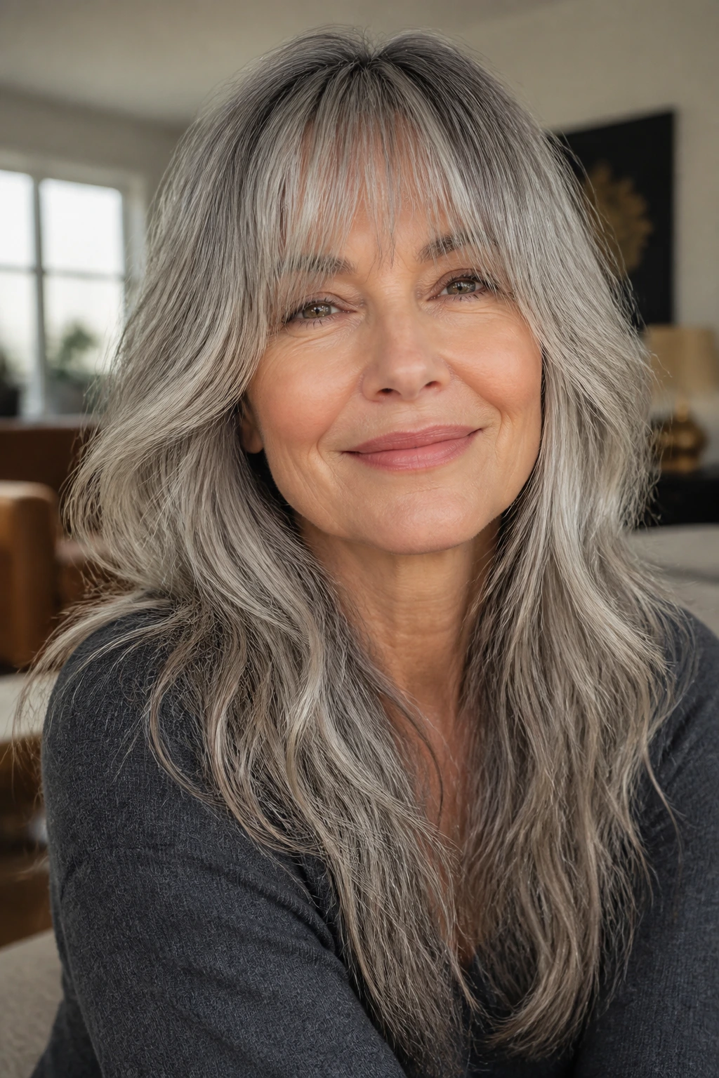 Portrait of a real woman with a long layered shag haircut in soft natural window light.