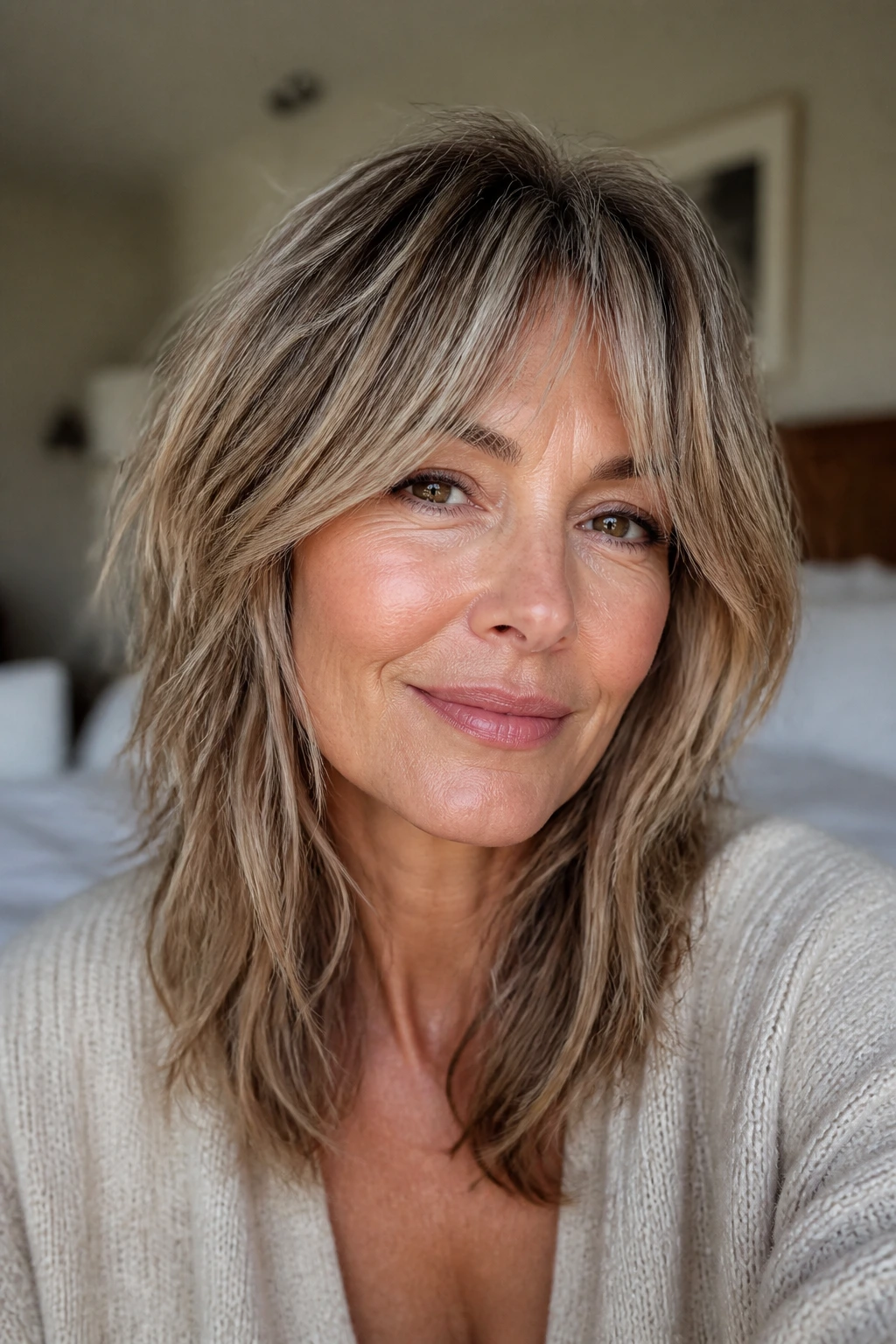 Close-up portrait of a real woman with long shag and cheekbone layers, natural window light highlighting textured layers