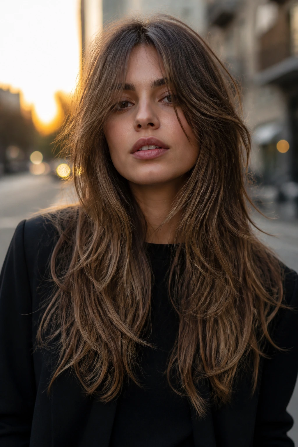 Close-up of real woman with long shag layers framing the face in soft dawn light
