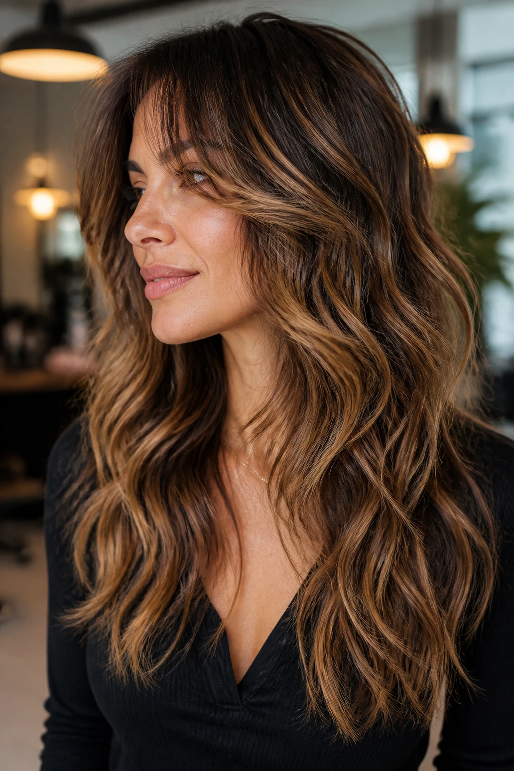 Close-up of a real woman with long shag layers and soft waves in a salon setting
