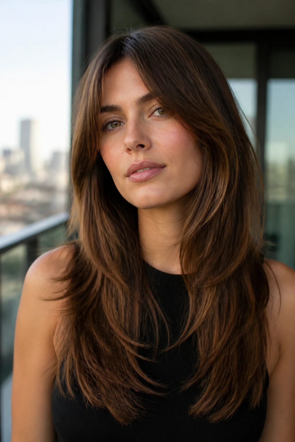 Close-up of a real woman with long shag lite hairstyle
