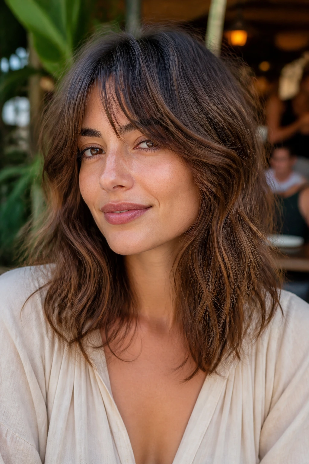 Close-up portrait of a real woman with a long shag lob at shoulder length, soft waves