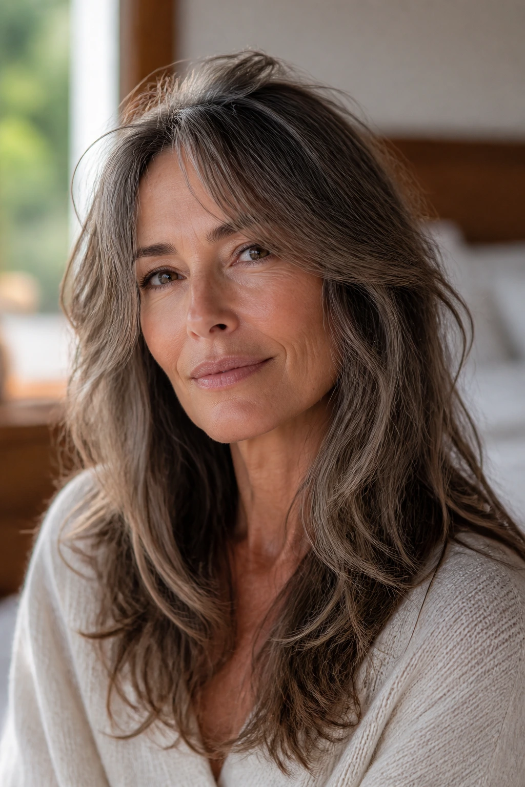 Close-up portrait of a real woman with a long shag hairstyle in a warm window-lit bedroom