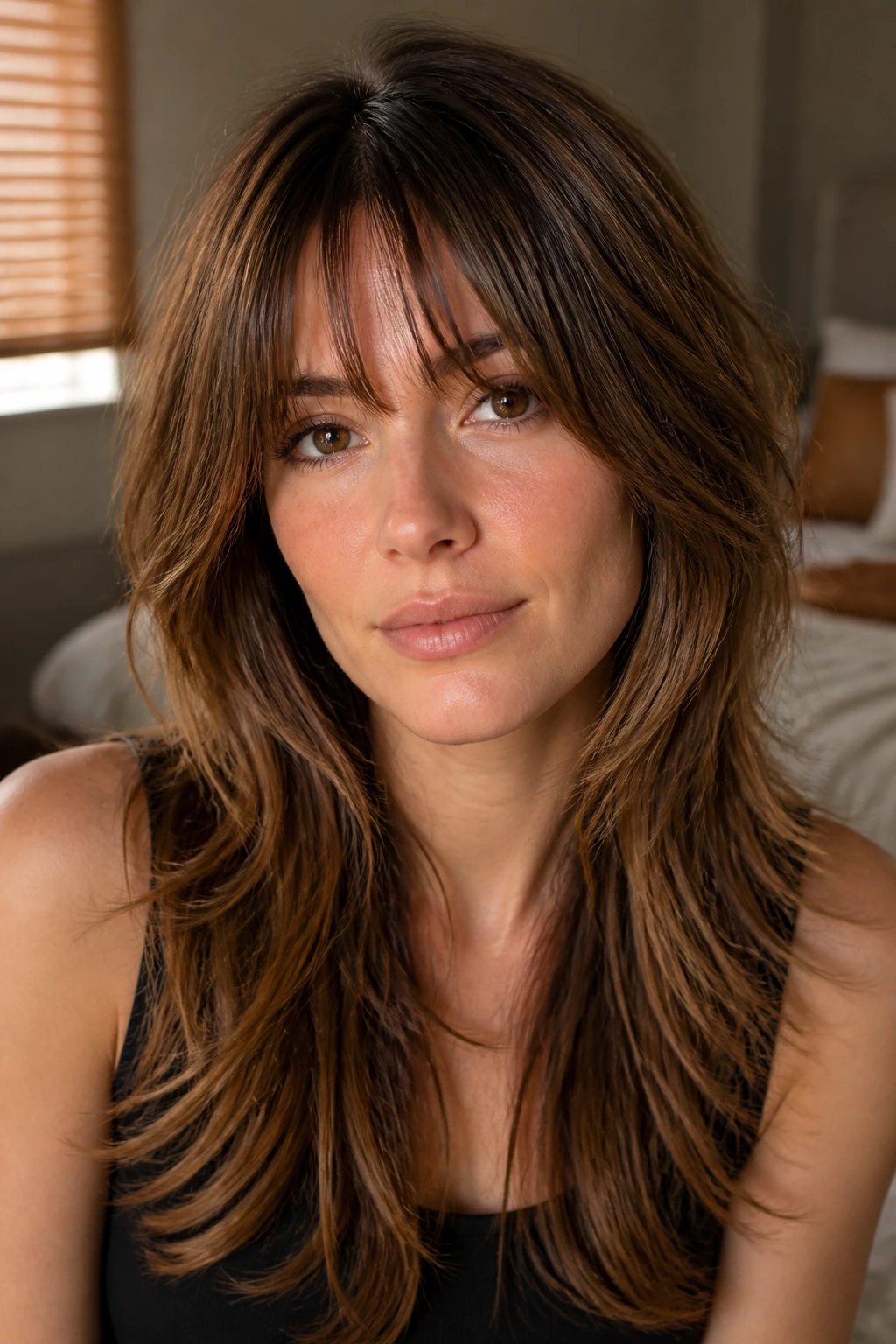 Close-up portrait of a real person with long shag hairstyle showing feathered layers