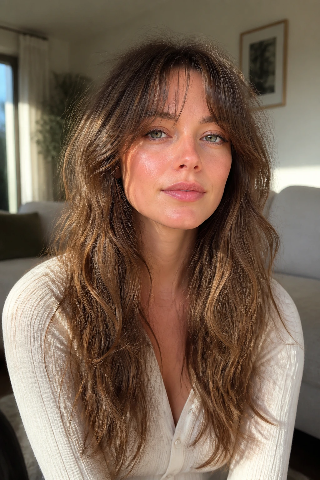 Portrait of a real person with long shag hair showing a well-maintained shape in natural light