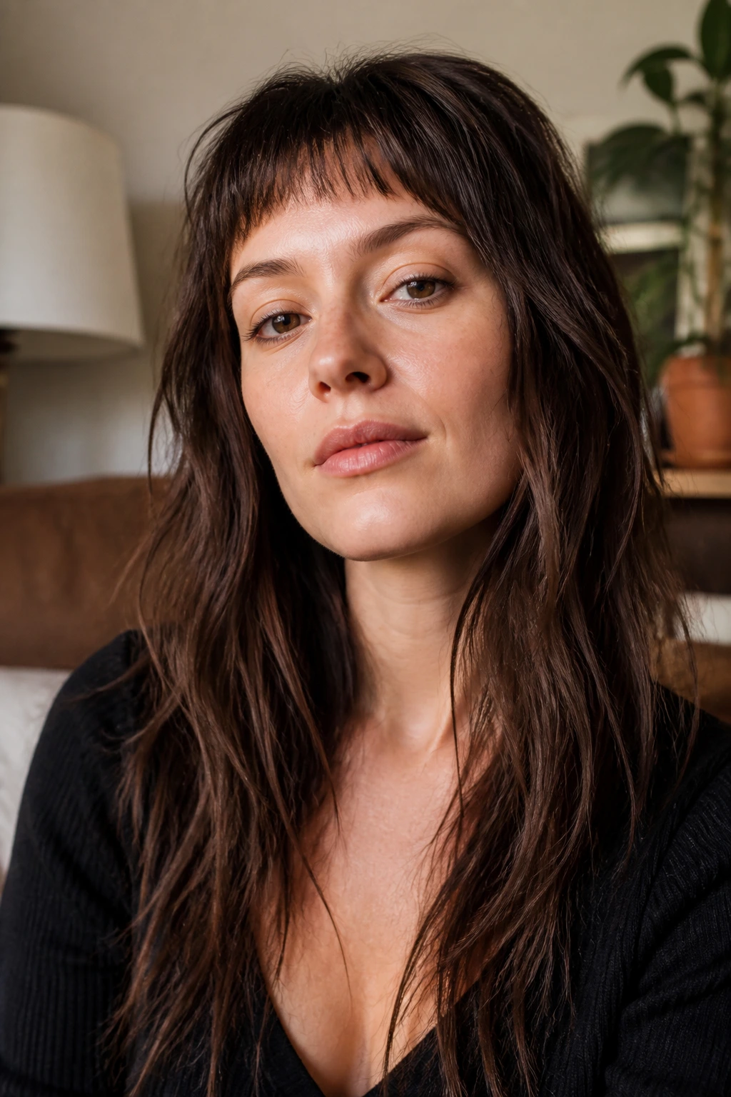 Portrait of a person with long shag and wispy micro bangs