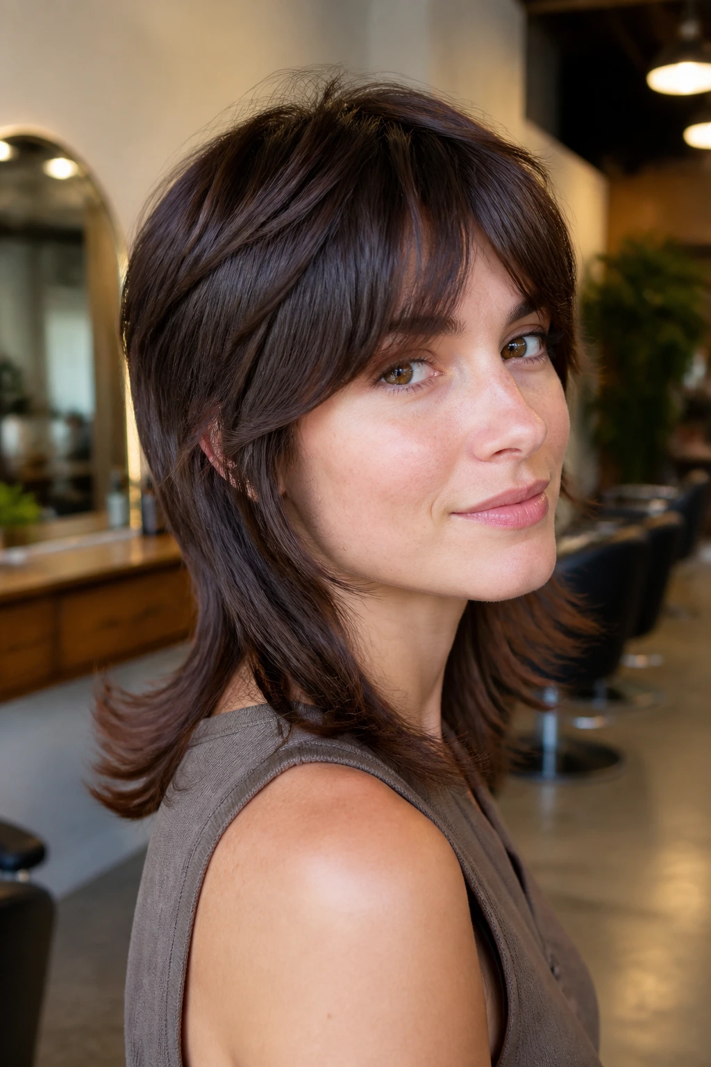 Close-up of real woman with long shag mullet and tail-end flip in salon