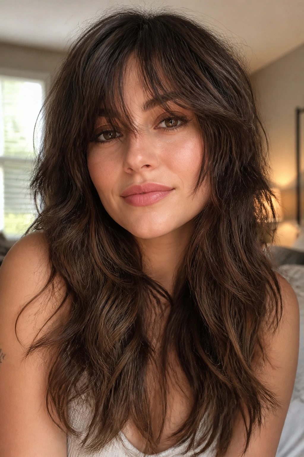 Close-up portrait of a real woman with long shag and piecey bangs, textured layers in window light