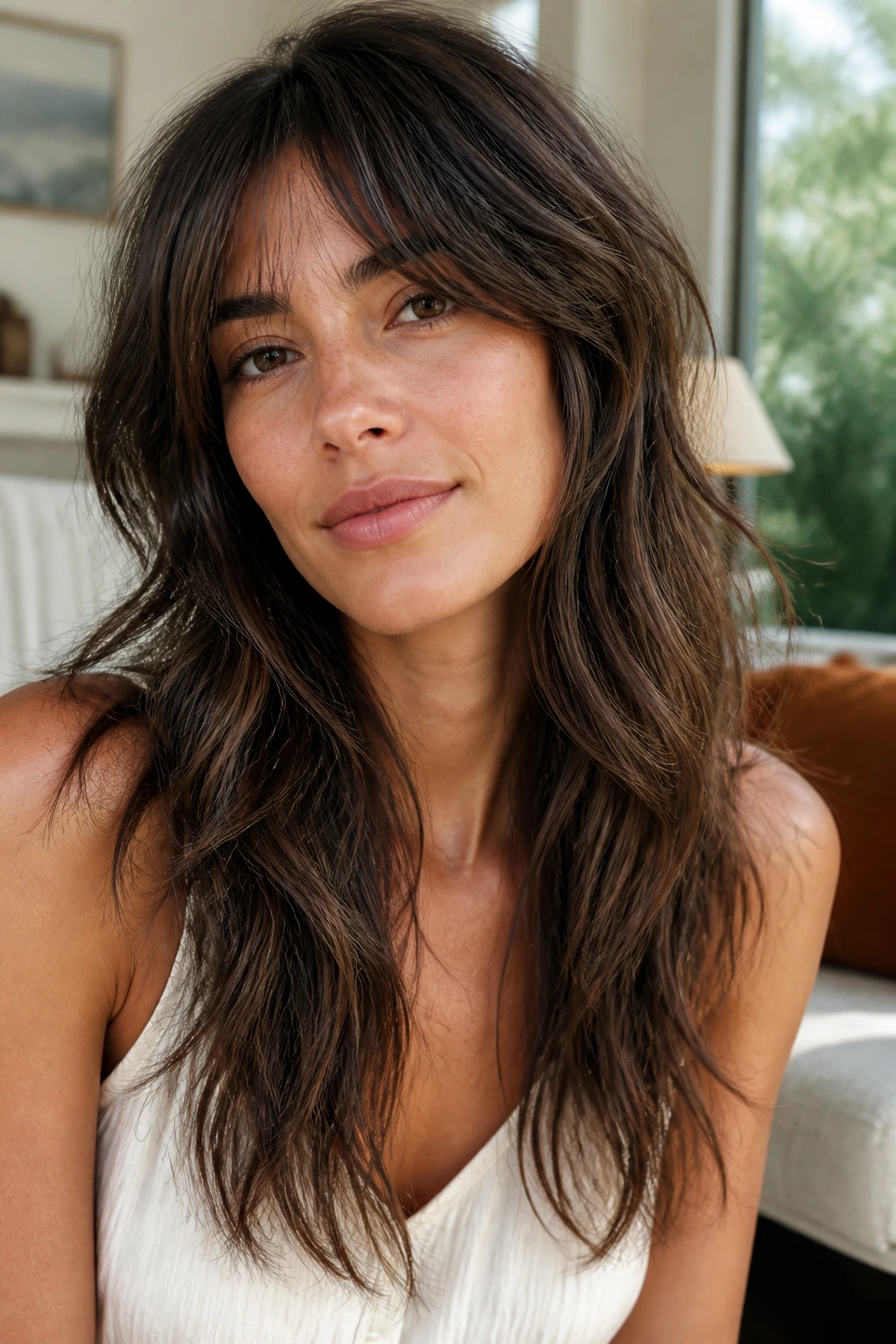 Close-up of a real woman with Long Shag with Piecey Ends showing texture and waves.