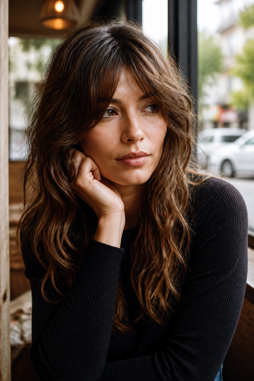 Portrait of a real person with long wavy shag hair looking thoughtful in a cafe setting