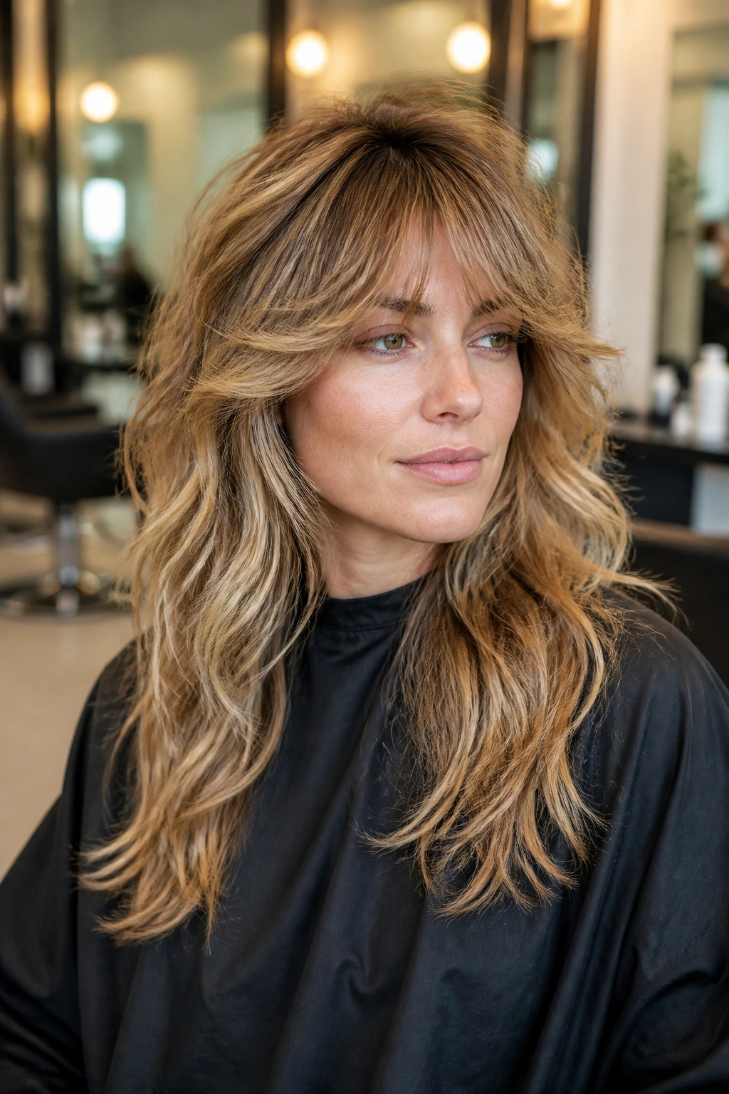 Portrait of a real person in a salon chair with true 1980s long shag