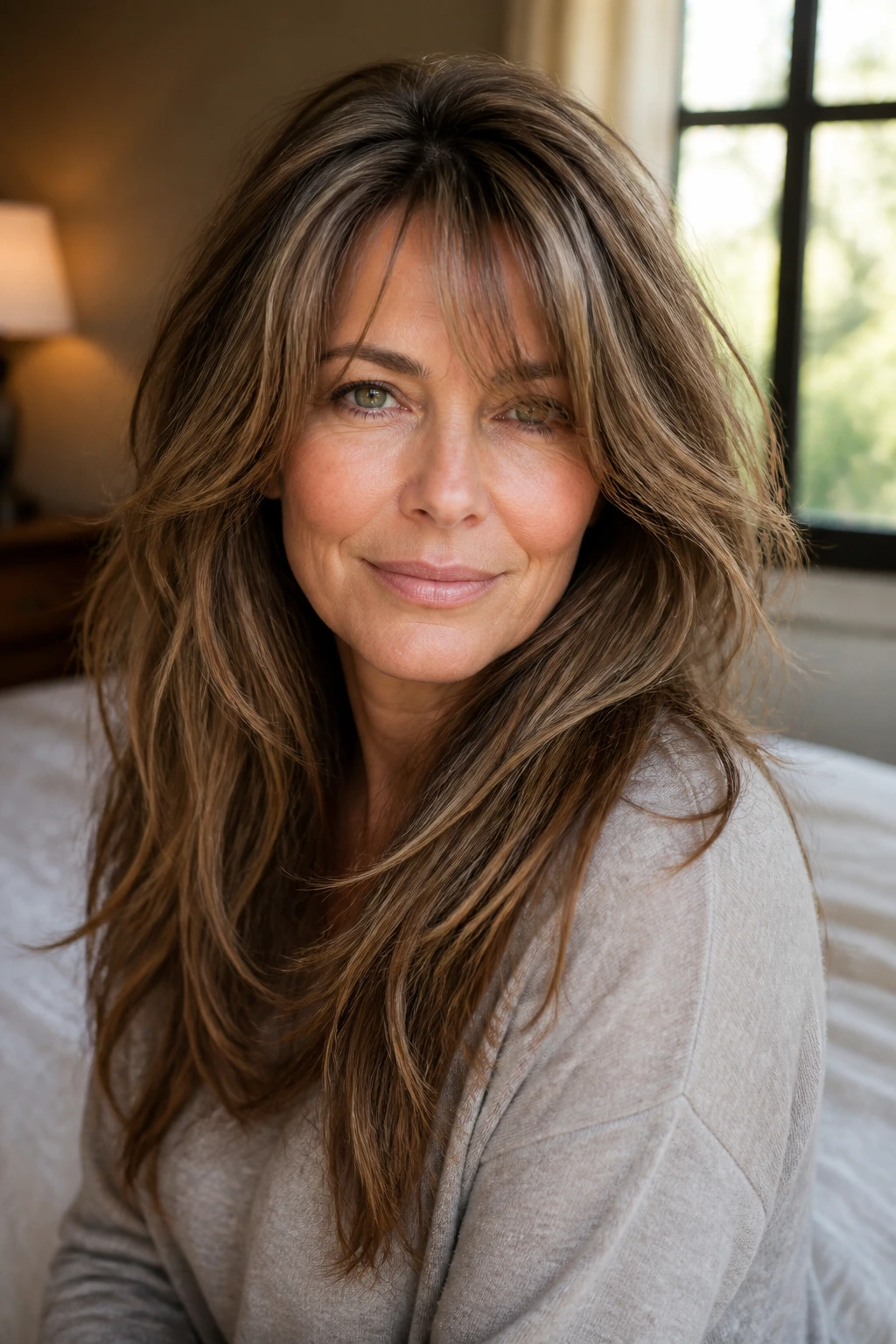 Close-up portrait of a real woman with a shaped long shag that still feels like you