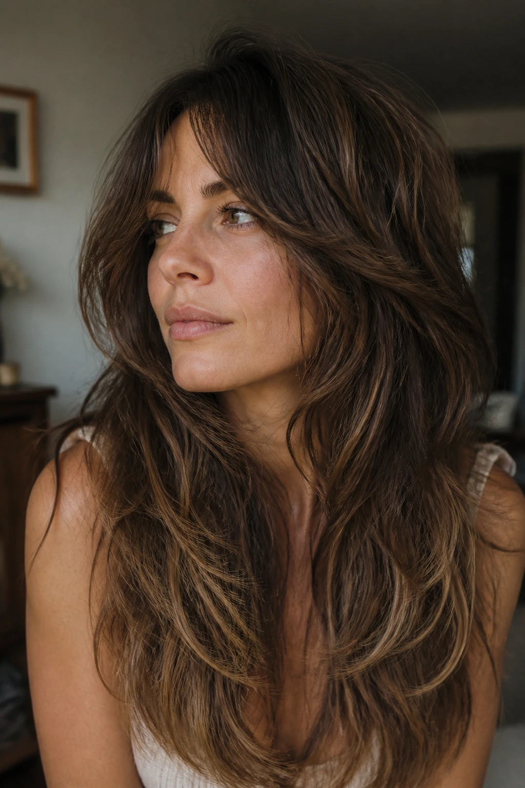 Close-up of a real woman with a defined long shag haircut showing movement and weight