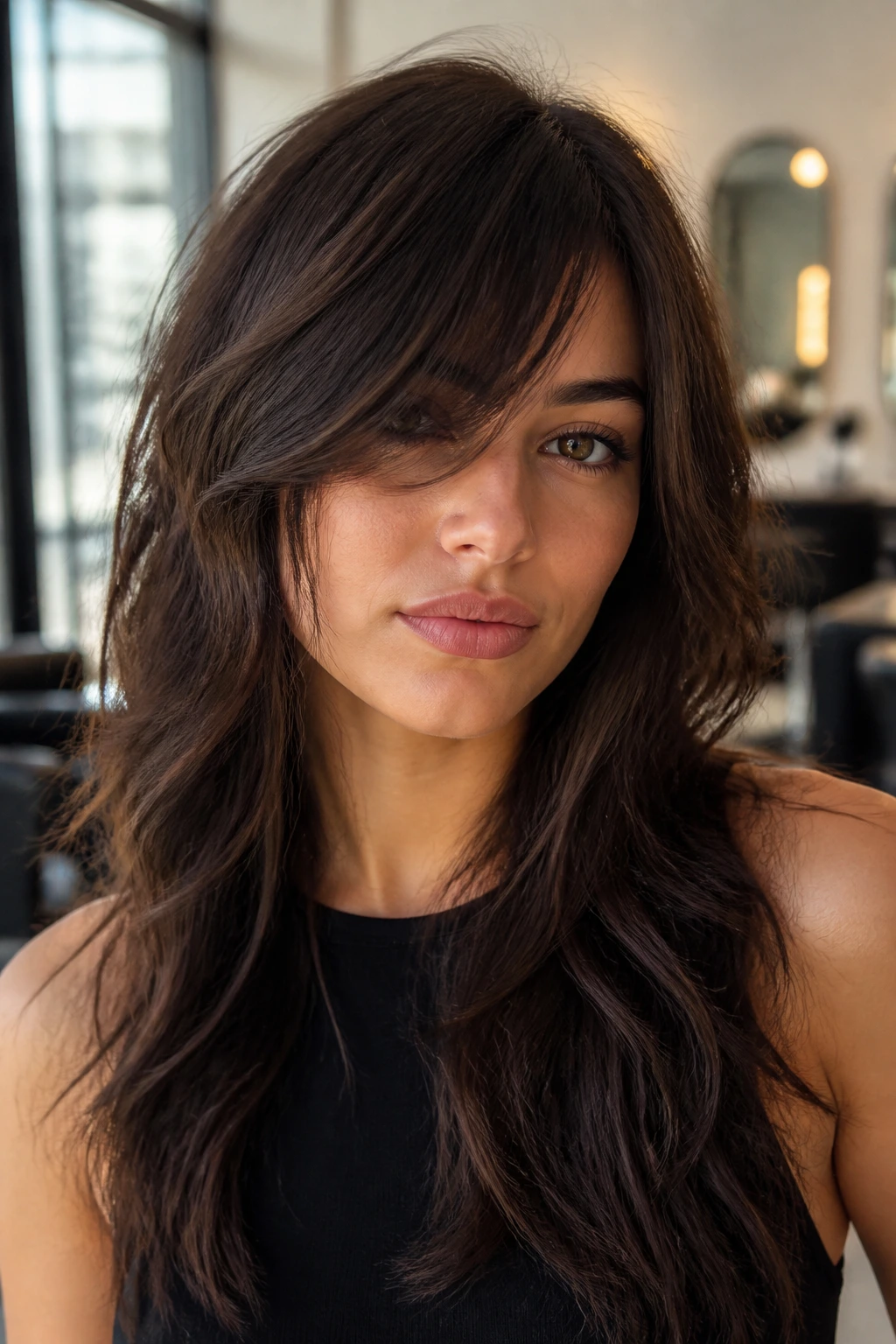 Medium close-up of a real person with long shag hairstyle and side bangs.