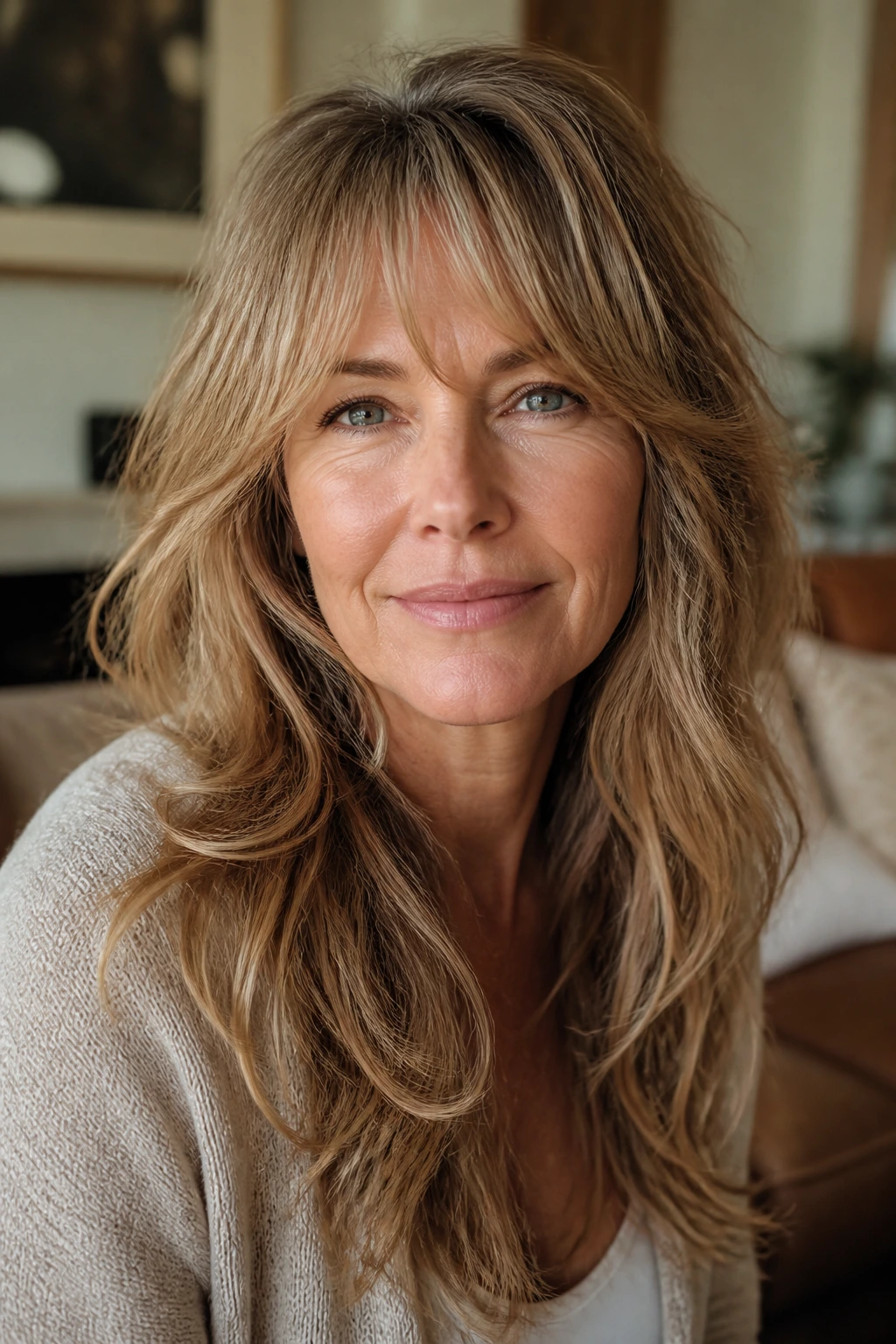 Close-up of a real woman with long shag and soft layers framing the face in warm window light