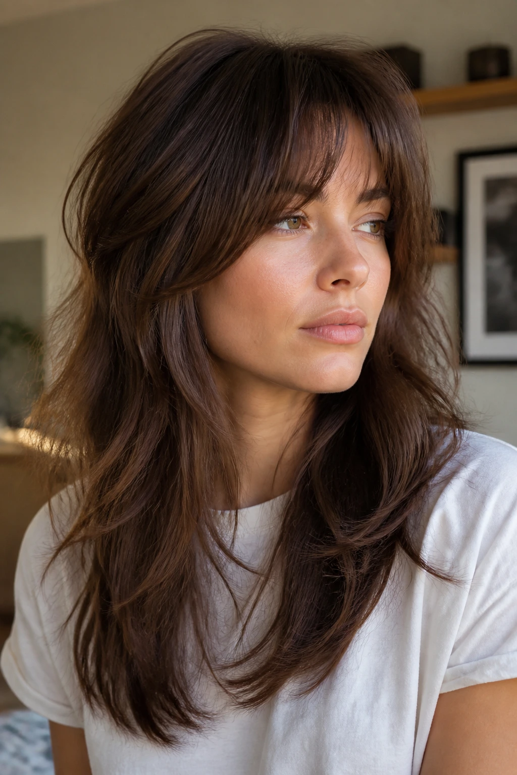 Portrait of a real person with long shag and tapered bangs